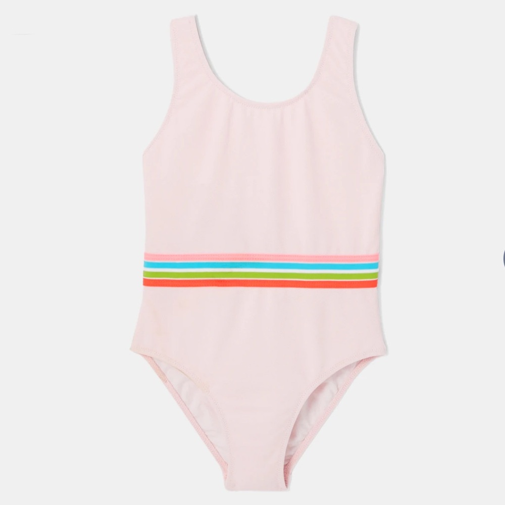 Jacadi Girls Pink Pique Swimsuit with Striped Elastic Waistband - Size 4Y
